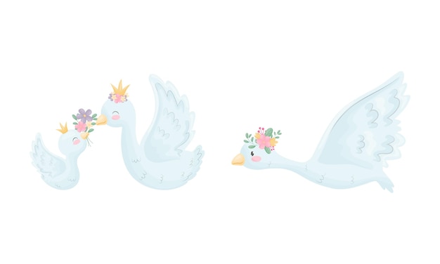 Belos cisnes brancos ou gansos com coroa dourada e coroa floral