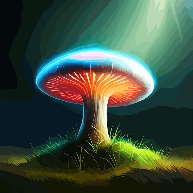 Vetor belos close-up fantasia cogumelo mágico em fada floresta vaga-lumes bokeh iluminação arte de fundo