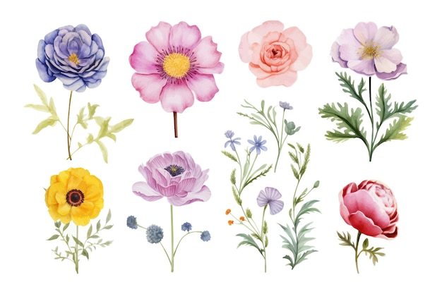 Vetor belos conjuntos de flores e folhas aquareladas com elementos florais aquarelados