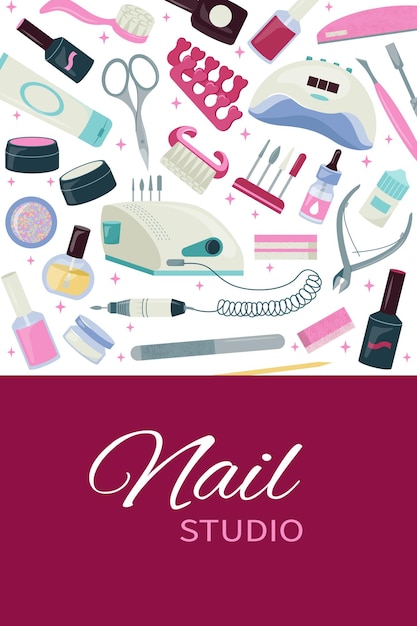 Belos flyer certificado bandeira conjunto de elementos de cuidado de unhas Quadro com ferramentas de manicure vetor