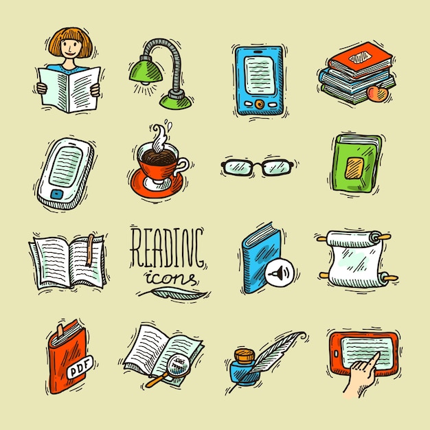 Belos ícones de leitura desenhados à mão doodle para o seu design