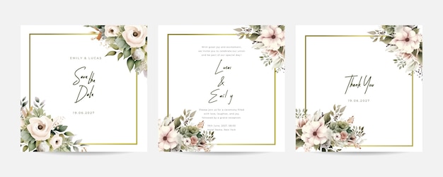 Vetor belos modelos de cartões de convite de casamento com folhas de jasmim branco e flores