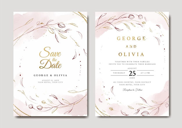 Belos modelos de convites de casamento com flores cor-de-rosa e douradas