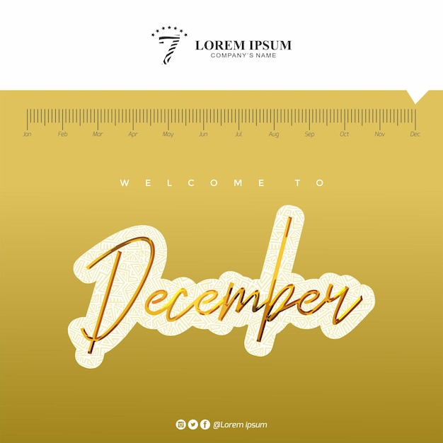 Bem-vindo à ilustração de dezembro com texto dourado e fundo gradiente dourado
