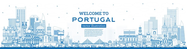 Vetor bem-vindo a portugal contorne o skyline da cidade com edifícios azuis