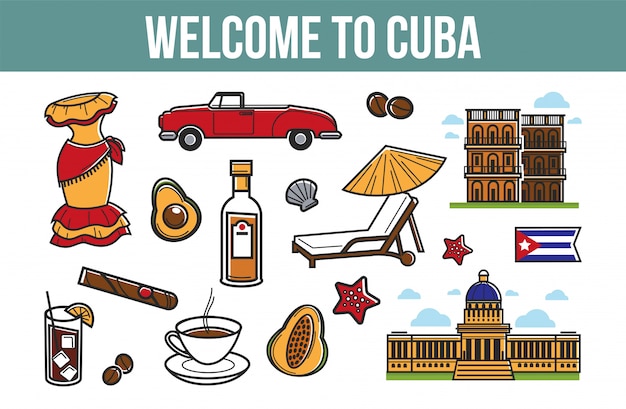 Bem-vindo ao cartaz promocional de Cuba com símbolos culturais