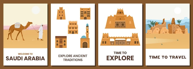 Bem-vindo ao conjunto de cartões da arábia saudita arquitetura tradicional autêntica, deserto, paisagem, castelos.
