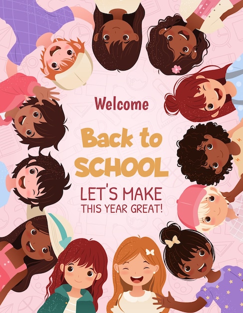 Bem-vindo de volta à escola Banner modelo vertical com meninos e meninas