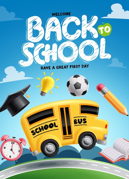 Bem-vindo de volta à escola cartaz de saudação clipart autocarro escolar design de arte clip educacional para crianças