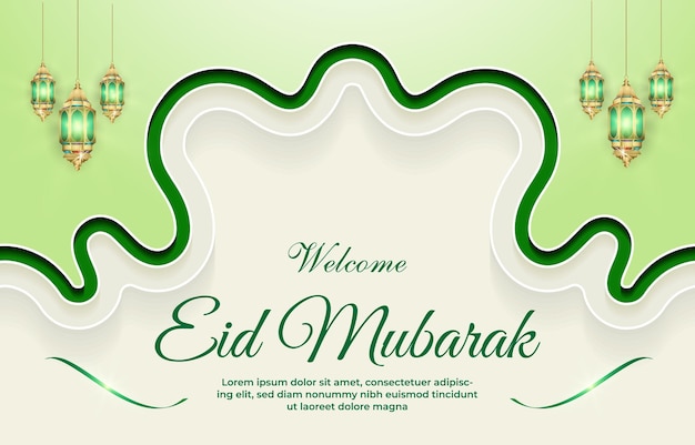 Vetor bem-vindo eid mubarak banner com belo ornamento islâmico brilhante e design de fundo gradiente abstrato verde e branco