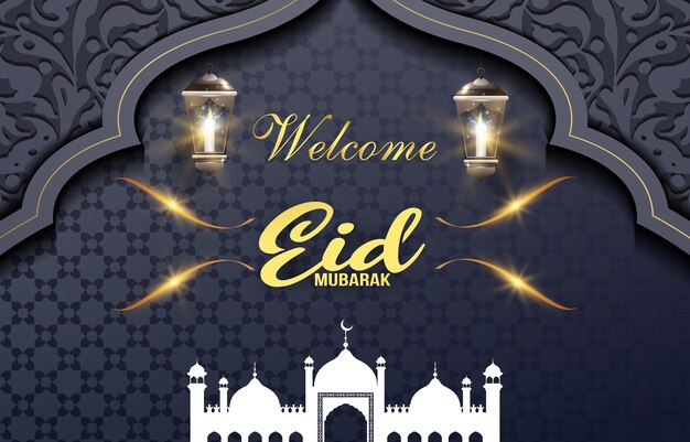 Bem-vindo eid mubarak banner com belo ornamento islâmico e design abstrato gradiente de fundo cinza