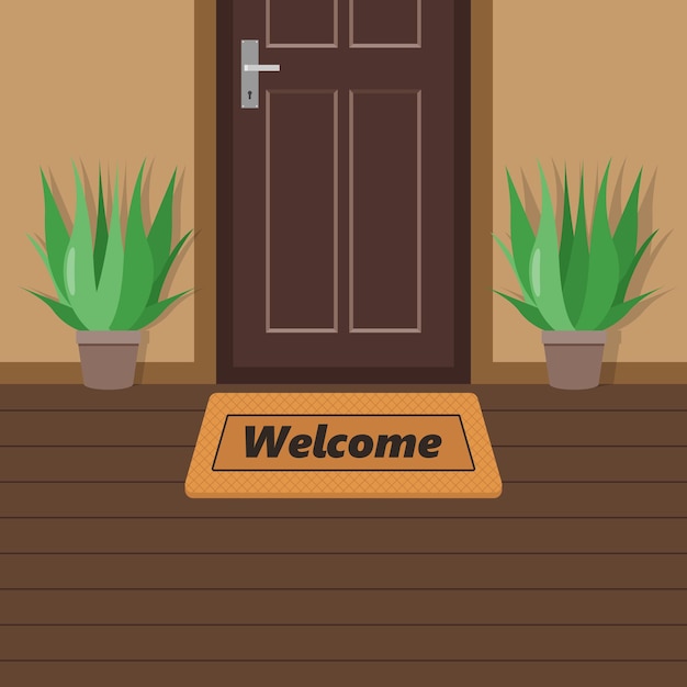 Bem-vindo no capacho do tapete antes de uma ilustração vetorial de porta
