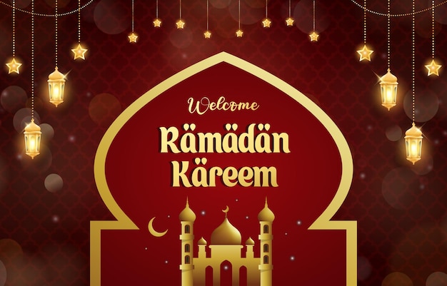 bem-vindo ramadan kareem modelo de bandeira com belo ornamento islâmico com desenho de fundo vermelho 81