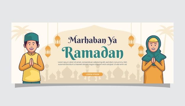 Bem-vindo Ramadan Kareem saudações de ilustração islâmica na página de capa do banner