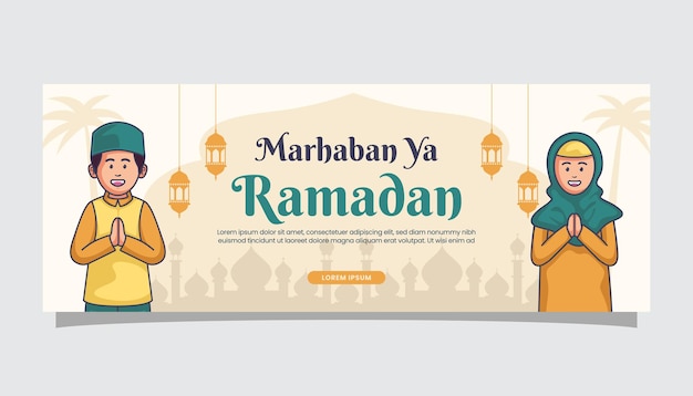 Vetor bem-vindo ramadan kareem saudações de ilustração islâmica na página de capa do banner