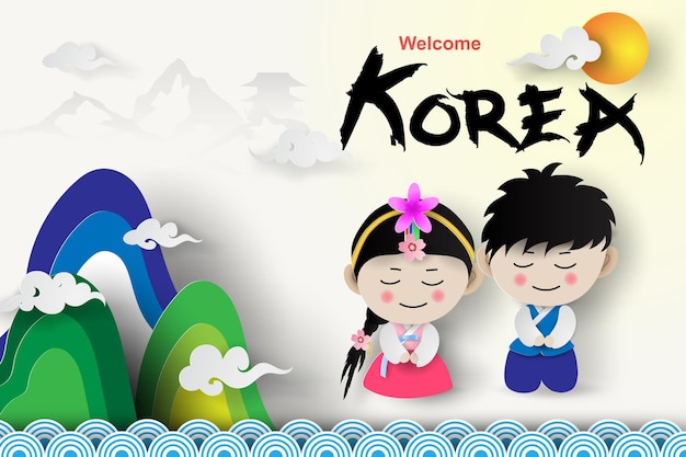 Vetor bem-vindo turismo de viagem coréia tradicional menino bonito e menina em traje coreano
