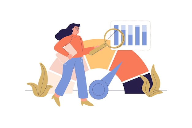 Vetor benchmarking do conceito de web com cena de pessoas mulher analisando dados e comparando a qualidade com empresas concorrentes ferramenta de marketing para negócios situação de personagem em design plano ilustração vetorial