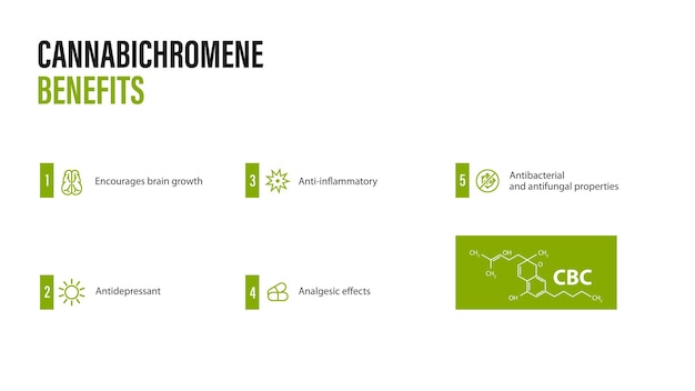 Benefícios do canabicromeno, faixa branca com infográfico e fórmula química do canabicromeno