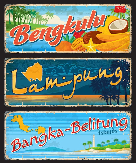 Vetor bengkulu lampung e bangkabelitung placas e adesivos de viagem indonésio viagem asiática grunge cartão postal província indonésia viagens vetor sinal de lata vintage com frutas tropicais paisagem costeira