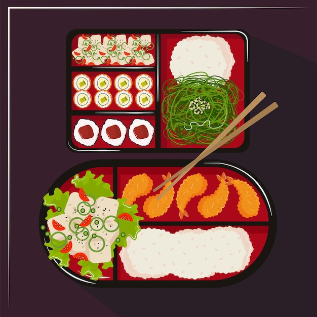 Vetor bento box com sushi e pãezinhos