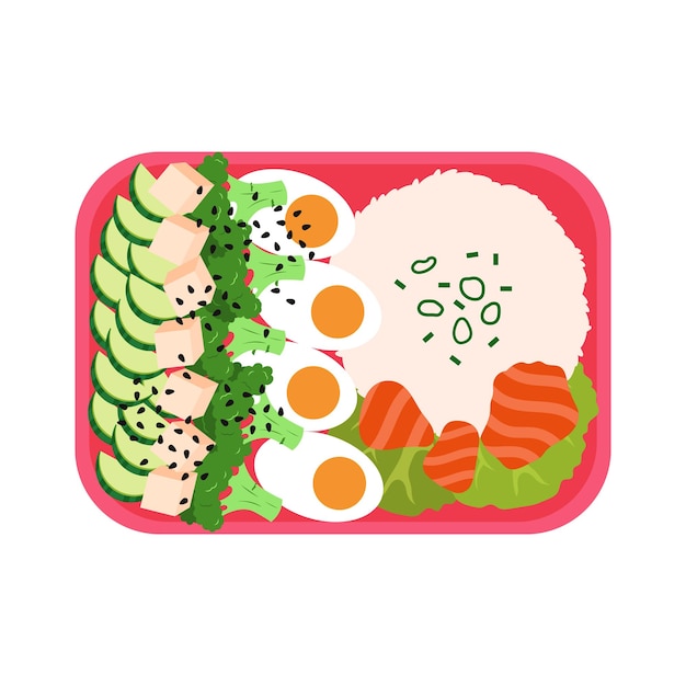 Vetor bento com arroz, ovos, salmão, pepino, brócolis e tofu. prato japonês para viagem.