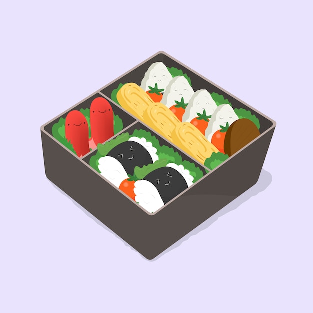 Bento fofo. lancheira japonesa. comida engraçada dos desenhos animados. ilustração colorida isométrica