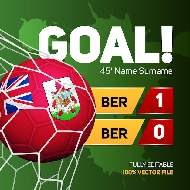 Bermuda bandeira futebol maquete de bola de futebol marcando gol placar banner 3d ilustração vetorial