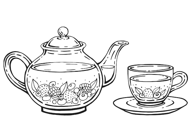 Berries de xícara de chá desenhadas à mão Ilustração vetorial em estilo de contorno