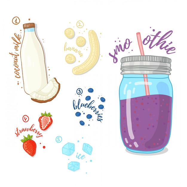 Berry cocktail para uma vida saudável. batidos com mirtilo, leite de coco, morango e banana. smoothie de baga de receita em uma jarra de vidro.