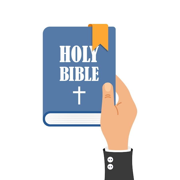 Bíblia santa segurando na mão ícone em estilo plano cristianismo livro ilustração vetorial em fundo isolado religião sinal conceito de negócio