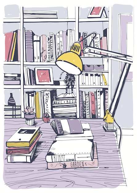 Biblioteca doméstica interior moderna, estantes, ilustração colorida desenhada de mão.