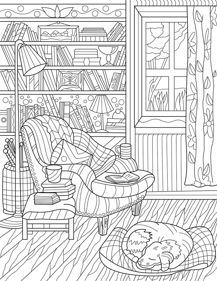 Vetor biblioteca doméstica sala cadeira estante de livros luz lâmpada janela aberta cachorro dormindo desenho de linha incolor