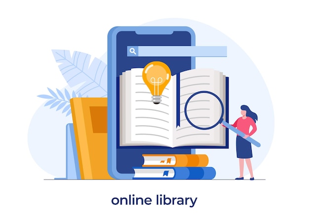 Biblioteca online para educação, conceito de referência online, livro, literatura ou elearning, ilustração vetorial plana