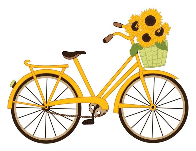 Vetor bicicleta amarela com cesta de buquê de girassol