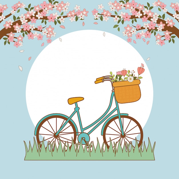Vetor bicicleta com cesta e flores na paisagem