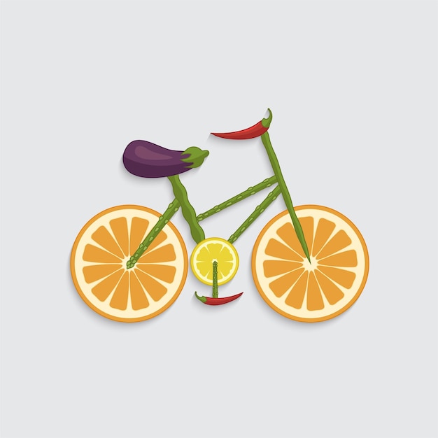 Bicicleta de frutas e legumes. há rodelas de laranja e limão, pimentão, berinjela, aspargo.