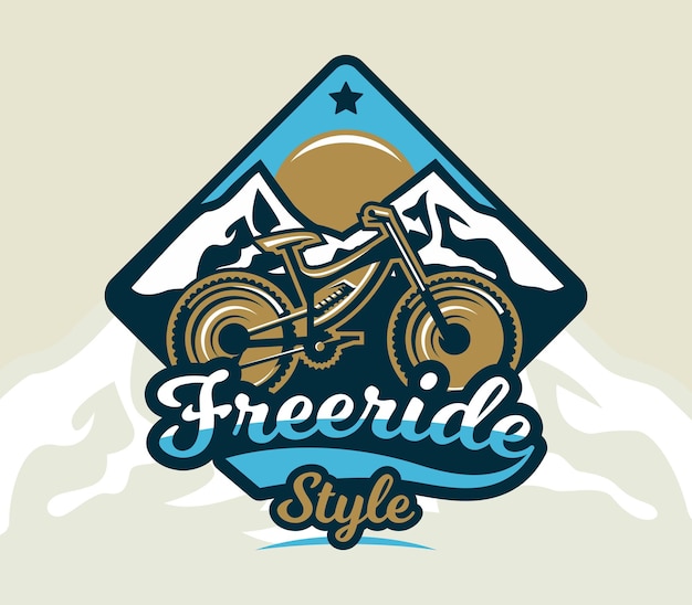 Vetor bicicleta de montanha do logotipo o emblema da bicicleta e as montanhas esporte radical freeride downhill crosscountry emblemas escudo letras ilustração vetorial