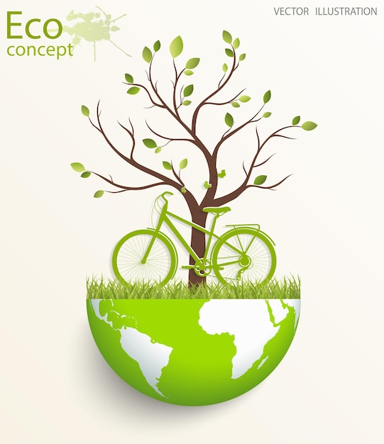 Bicicleta em um globo mundo ecológico ilustração de ecologia o conceito de gráficos de informação