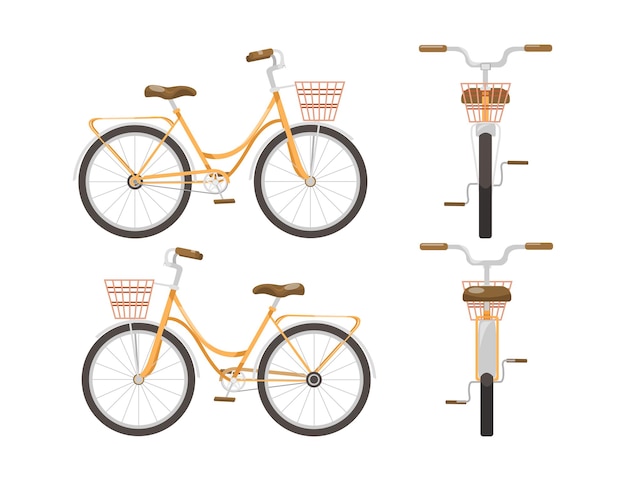 Bicicleta marrom com cesta para passeios em família conjunto de ilustração dos desenhos animados. vista lateral e frontal da bicicleta para atividade física no verão, isolada no fundo branco. transporte, esporte, conceito de veículo