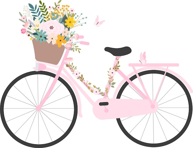 Vetor bicicleta rosa com flores doces e uma cesta com buquê de flores