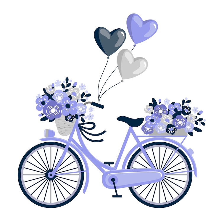 Bicicleta roxa com flores e balões.