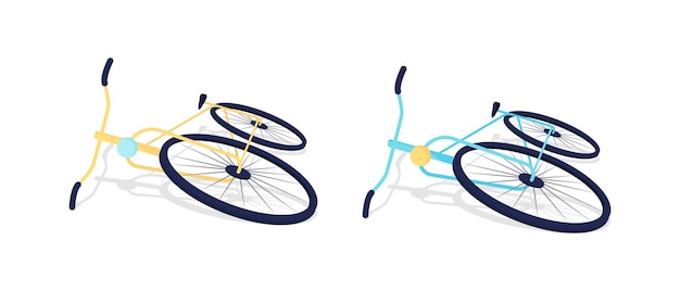 Bicicletas no chão conjunto de objetos de vetor de cor semi plana. coleção de itens de tamanho completo em branco. acidente de bicicleta isolado coleção de ilustrações de estilo de desenho animado moderno para design gráfico e animação