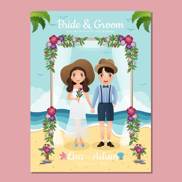 Vetor bide e noivo cartoon casal bonito sob o arco decorado com flores na praia. cartão de convite de casamento romântico