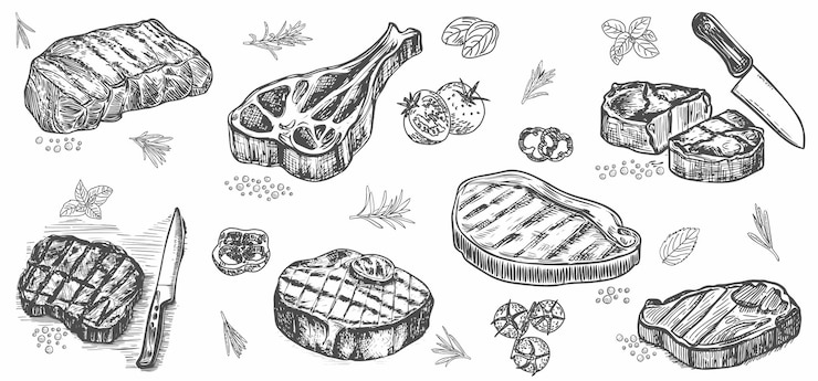 Vetor bife de carne bovina, de cordeiro e de porco extra ou médio desenhado à mão