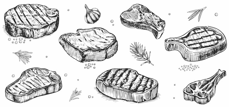 Vetor bife de carne bovina, de cordeiro e de porco extra ou médio desenhado à mão