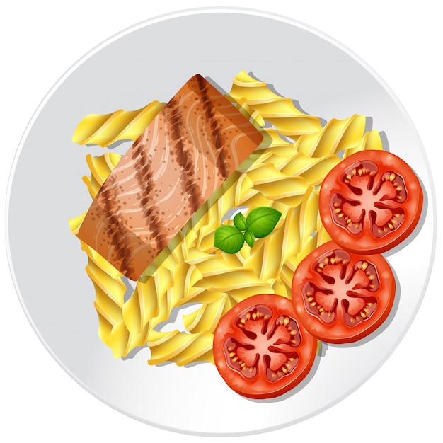 Vetor bife de salmão e macarrão com tomates frescos