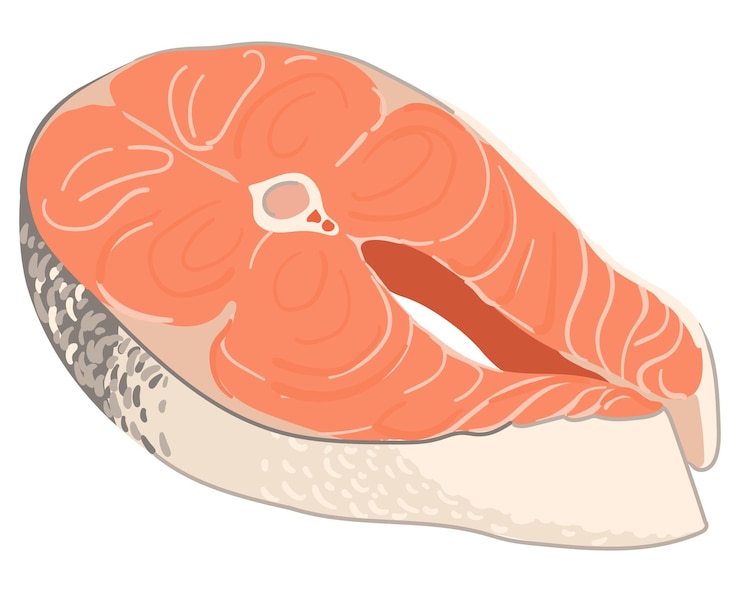 Vetor bife de salmão vetor ilustração em estilo de desenho animado isolado em fundo branco cortar um pedaço de peixe vermelho frutos do mar contendo omega 3 filé de truta