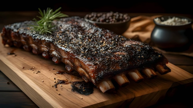 Vetor bife grelhado com costeletas de cordeiro com alecrim, costelinha de porco cortando tábua de madeira de cozinha