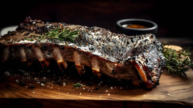 Vetor bife grelhado com costeletas de cordeiro com alecrim, costelinha de porco cortando tábua de madeira de cozinha