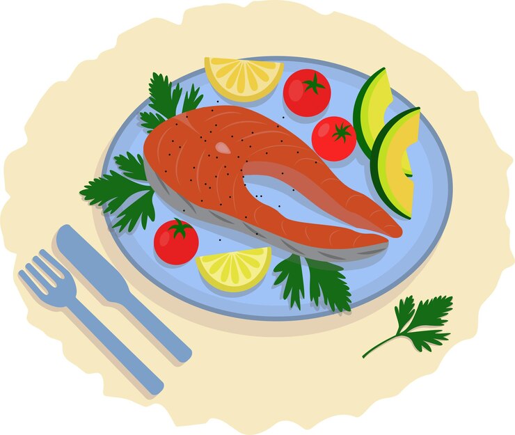 Vetor bifes de salmão em um prato o peixe é servido com tomate de limão salsa abacate garfo e faca